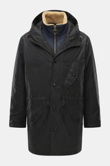 Front view of Barbour Wax parka 'Ursula' dark navy in waxed cotton with typical material texture, water-repellent, breathable, double front, regular fit, robust two-way zipper, smooth button placket, hood with drawstring, chest pocket with flap and button