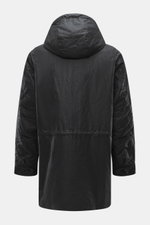 Barbour Wax parka 'Ursula' dark navy shown from the back, made of waxed cotton with typical material texture, water-repellent, breathable, regular fit, hood with drawstring, double front, robust two-way zipper, smooth button placket, chest and front pocke