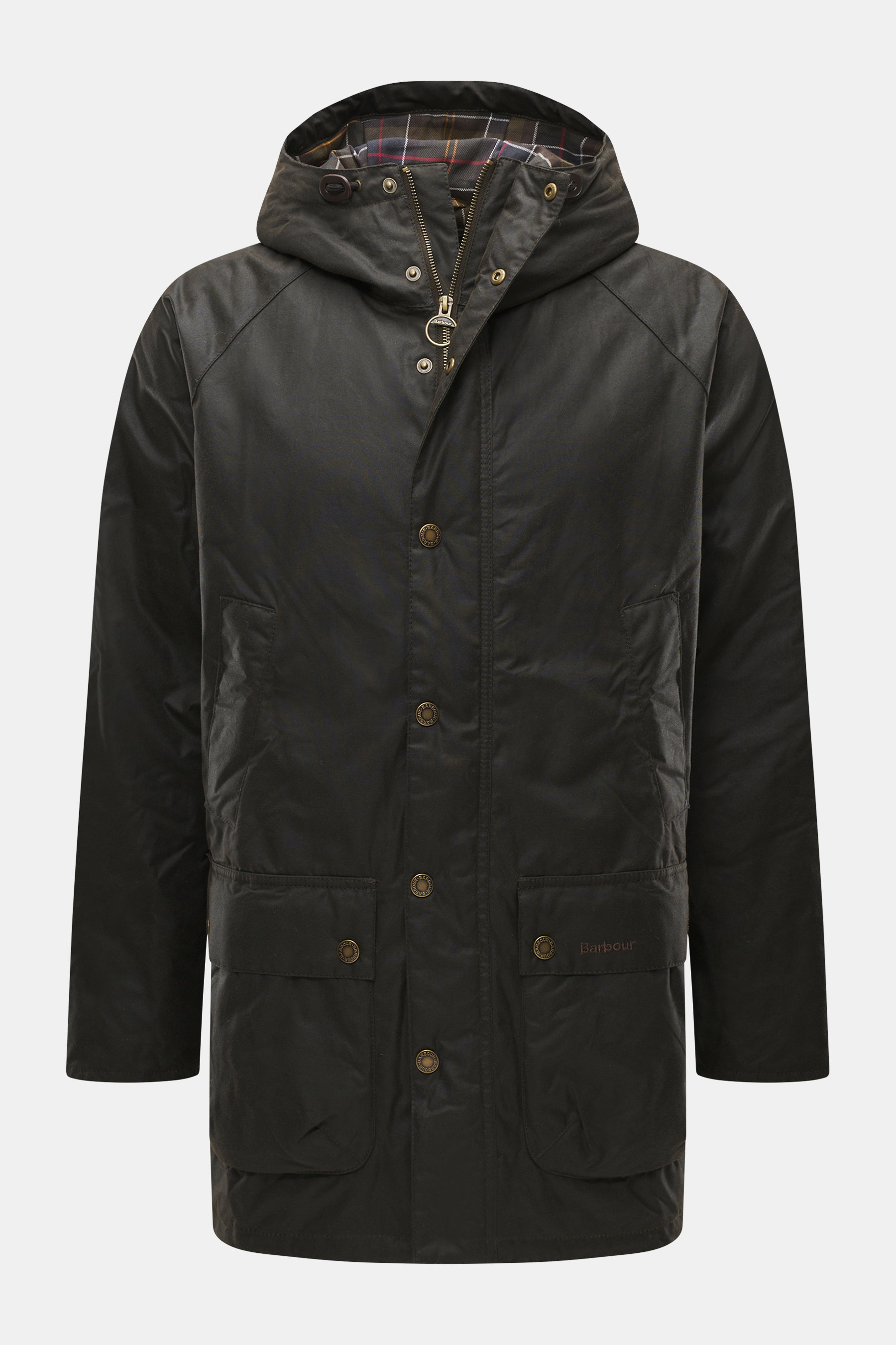 Frontale Nahaufnahme des Barbour Wachsparka 'Bedale' dark olive aus gewachster Baumwolle mit Kapuze, Tartan-Futter, Blasebalgtaschen und Slim Fit.