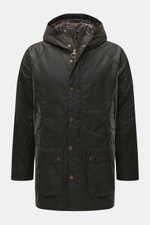 Front view of Barbour Wax parka 'Bedale' dark olive with waxed cotton, adjustable hood, bellows pockets, tartan lining, slim fit, and storm flap.