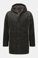 Front view of Barbour Wax parka 'Bedale' dark olive with waxed cotton, adjustable hood, bellows pockets, tartan lining, slim fit, and storm flap.