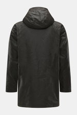 Back view of Barbour Wax parka 'Bedale' dark olive in hard-wearing waxed cotton with adjustable hood, slim fit, and water-repellent finish.