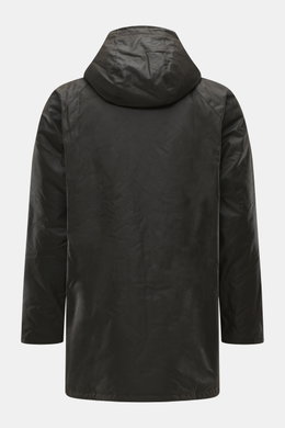 Back view of Barbour Wax parka 'Bedale' dark olive in hard-wearing waxed cotton with adjustable hood, slim fit, and water-repellent finish.