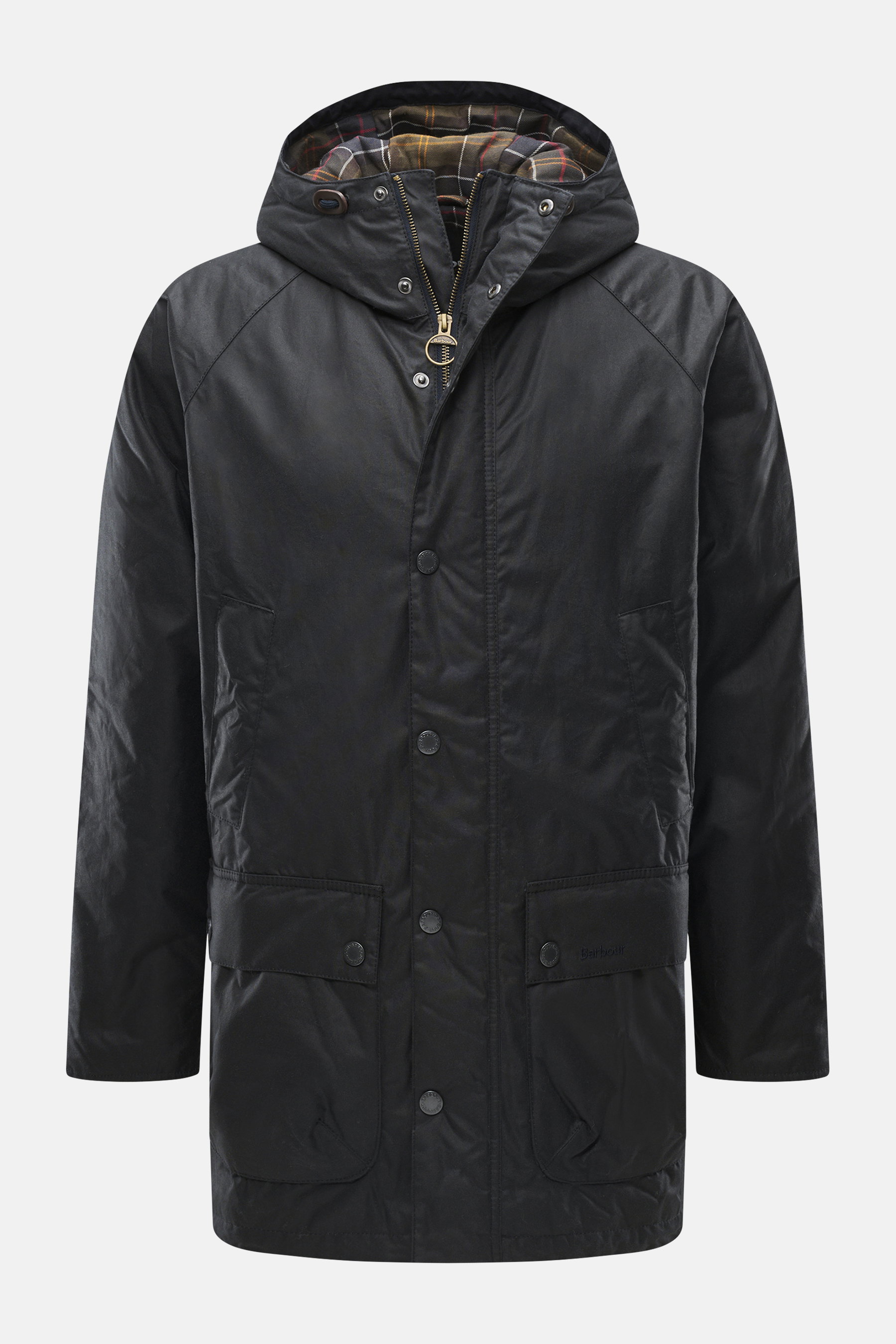 Vorderansicht des Barbour Wachsparka 'Bedale' navy mit Kapuze, gewachster Baumwolle, Tartan-Futter, Blasebalgtaschen und regulierbarem Saum.