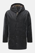 Front view of Barbour Wax parka 'Bedale' navy, a slim fit waxed cotton jacket with adjustable hood and hem, storm flap, bellows pockets, tartan lining.