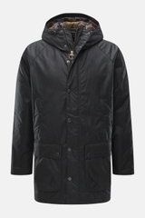 Front view of Barbour Wax parka 'Bedale' navy, a slim fit waxed cotton jacket with adjustable hood and hem, storm flap, bellows pockets, tartan lining.