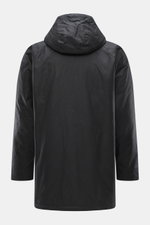Back view of Barbour Wax parka 'Bedale' navy in hard-wearing waxed cotton, with adjustable hood and hem, raglan sleeves, and practical pockets.