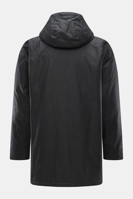 Back view of Barbour Wax parka 'Bedale' navy in hard-wearing waxed cotton, with adjustable hood and hem, raglan sleeves, and practical pockets.