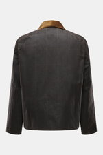 Barbour Wachsjacke 'Gamefair' dunkelgrün, Rückansicht mit Cordkragen, gewachste Baumwolle, Regular Fit, wasserabweisend, Tartan-Futter, Raglanärmel.