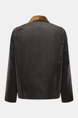 Barbour Wachsjacke 'Gamefair' dunkelgrün, Rückansicht mit Cordkragen, gewachste Baumwolle, Regular Fit, wasserabweisend, Tartan-Futter, Raglanärmel.