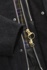 Close-up front view of Barbour Paul Smith Loves Barbour Wool Jacket Transport showcasing pure wool, material-typical feel, Regular Fit, two-way zipper, wind flap with snap buttons, corduroy turn-down collar, raglan sleeves, patch front pockets with flap, 