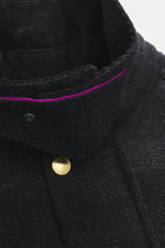 Close-up front view of the Barbour Paul Smith Loves Barbour Wool Jacket Transport showing pure wool fabric with material-typical feel, corduroy turn-down collar, gold snap buttons, and visible purple trim, highlighting details such as Regular Fit, two-way