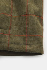 Close-up front view of Barbour Paul Smith Loves Barbour Beaufort Wool Jacket in pure wool with tartan pattern and corduroy collar.