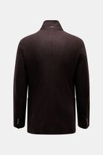 Fedeli Cashmere Jersey-Jacke 'Garret' dunkelbraun, Rückansicht mit aufgestelltem variabel tragbarem Revers, Slim Fit, weiches Jersey, gesteppter Futterstoff.