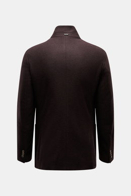 Fedeli Cashmere Jersey-Jacke 'Garret' dunkelbraun, Rückansicht mit aufgestelltem variabel tragbarem Revers, Slim Fit, weiches Jersey, gesteppter Futterstoff.