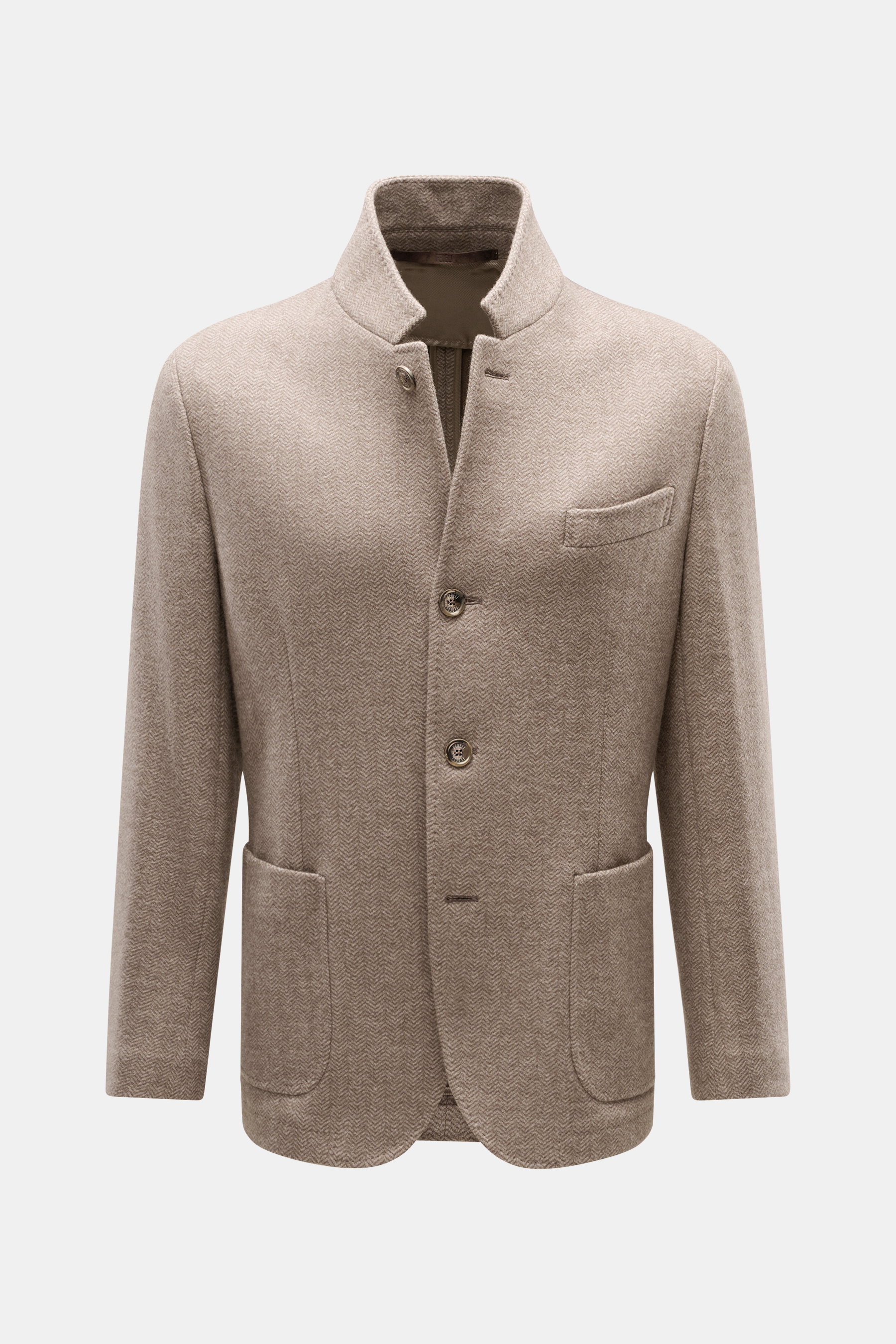 Fedeli Cashmere Jersey Jacket 'Damon' brown patterned front view, slim fit with herringbone pattern, elastic cashmere, soft touch, four buttons, patch hip pockets.
