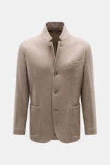 Fedeli Cashmere Jersey-Jacke 'Damon' braun gemustert, Slim Fit, Fischgrat, variabel tragbarer Revers, vier Knöpfe, Brust- und Hüfttaschen, frontale Ansicht.