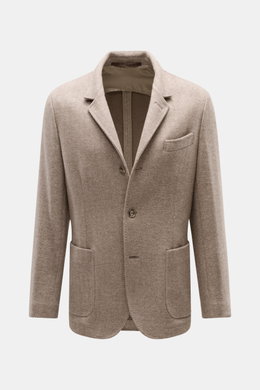 Fedeli Cashmere Jersey-Jacke 'Damon' braun gemustert, Slim Fit, Fischgrat, variabel tragbarer Revers, Unconstructed Design, frontal fotografiert.