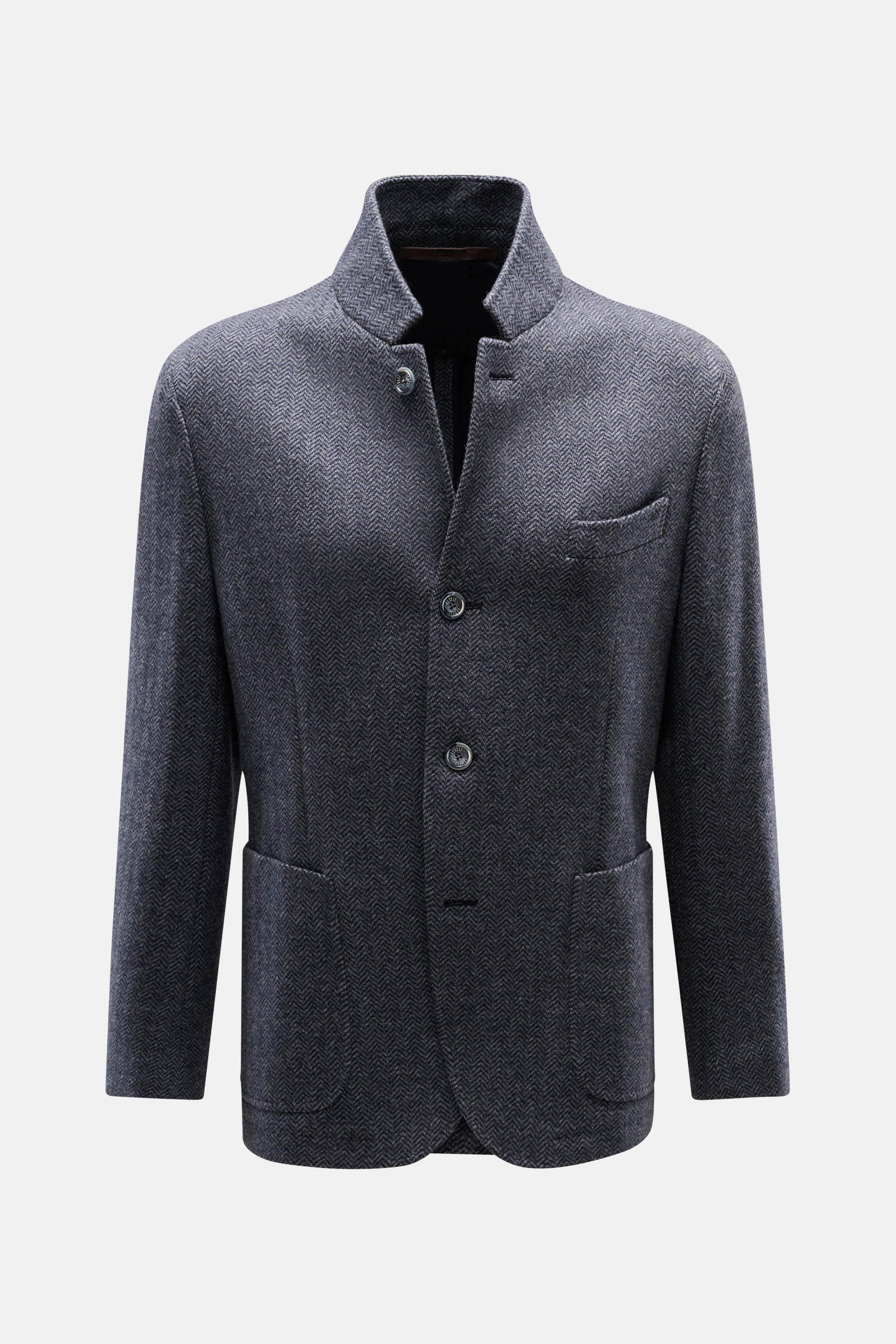 Front view of the Fedeli Cashmere Jersey Jacket 'Damon' gray patterned, slim fit with herringbone pattern, elastic cashmere jersey, four-button style, variably wearable collar, classic breast pocket, patch hip pockets, kissing buttons, rear side vents, un