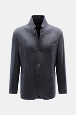 Fedeli Cashmere Jersey-Jacke 'Damon' grau gemustert, Fischgrat, Slim Fit, elastisch, variabler Stehkragen, Vier-Knopf, frontal, leicht geöffnet.
