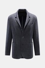 Fedeli Cashmere Jersey-Jacke 'Damon' grau gemustert, Slim Fit, Fischgrat, variabel tragbares Revers, Vier-Knopf-Stil, frontal fotografiert.