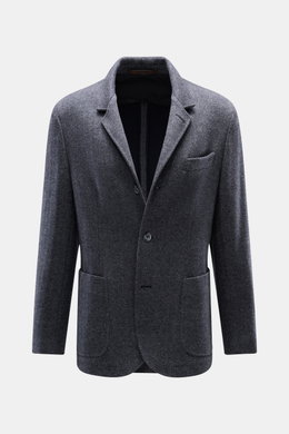 Fedeli Cashmere Jersey-Jacke 'Damon' grau gemustert, Slim Fit, Fischgrat, variabel tragbares Revers, Vier-Knopf-Stil, frontal fotografiert.
