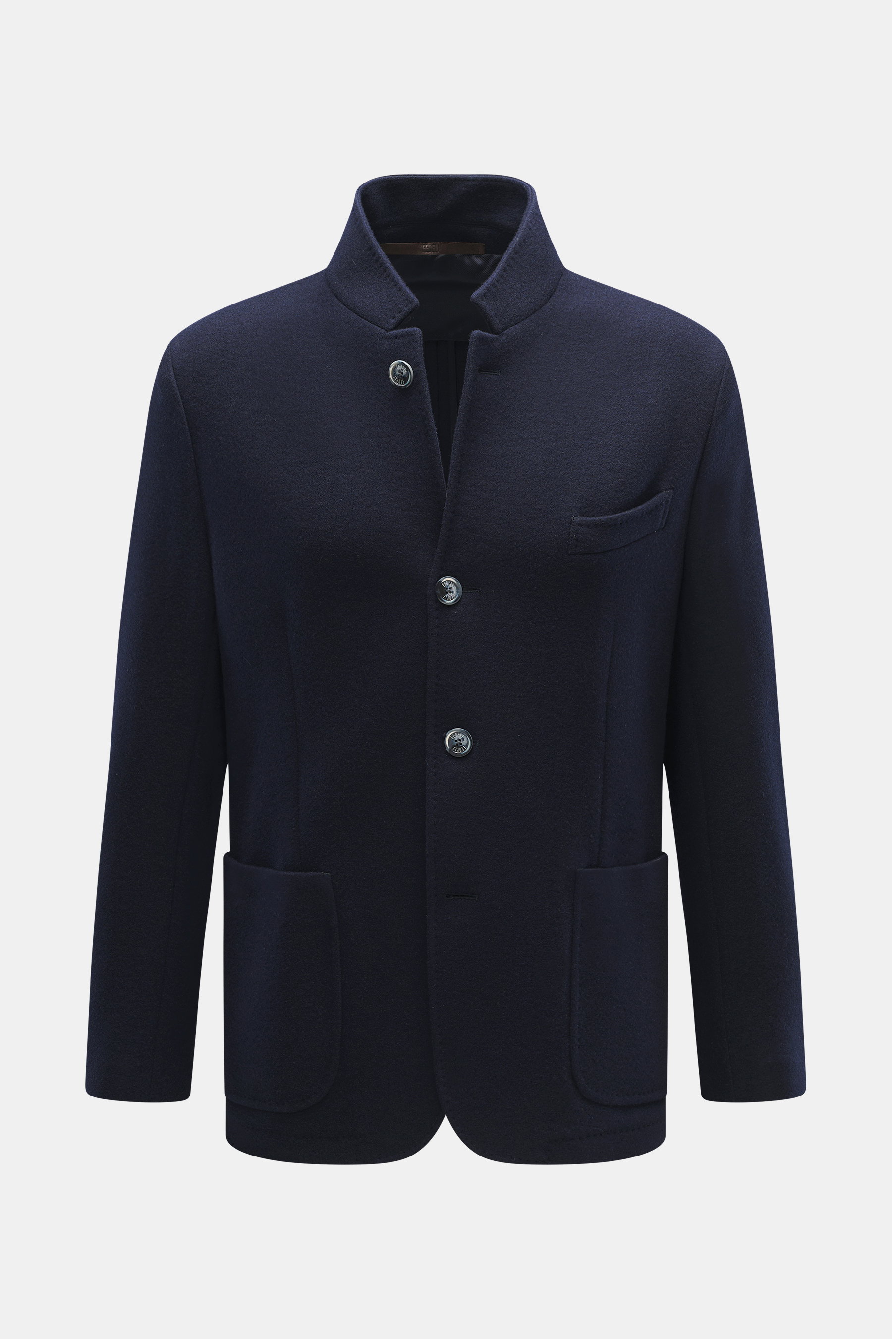 Fedeli Cashmere Jacke navy, Frontansicht, Slim Fit, reiner Cashmere, weicher Griff, Stehkragen, Vier-Knopf-Leiste, Brusttasche, Hüfttaschen, Kissing Buttons, Seitenschlitze, halb gefüttert, zwei Innentaschen.