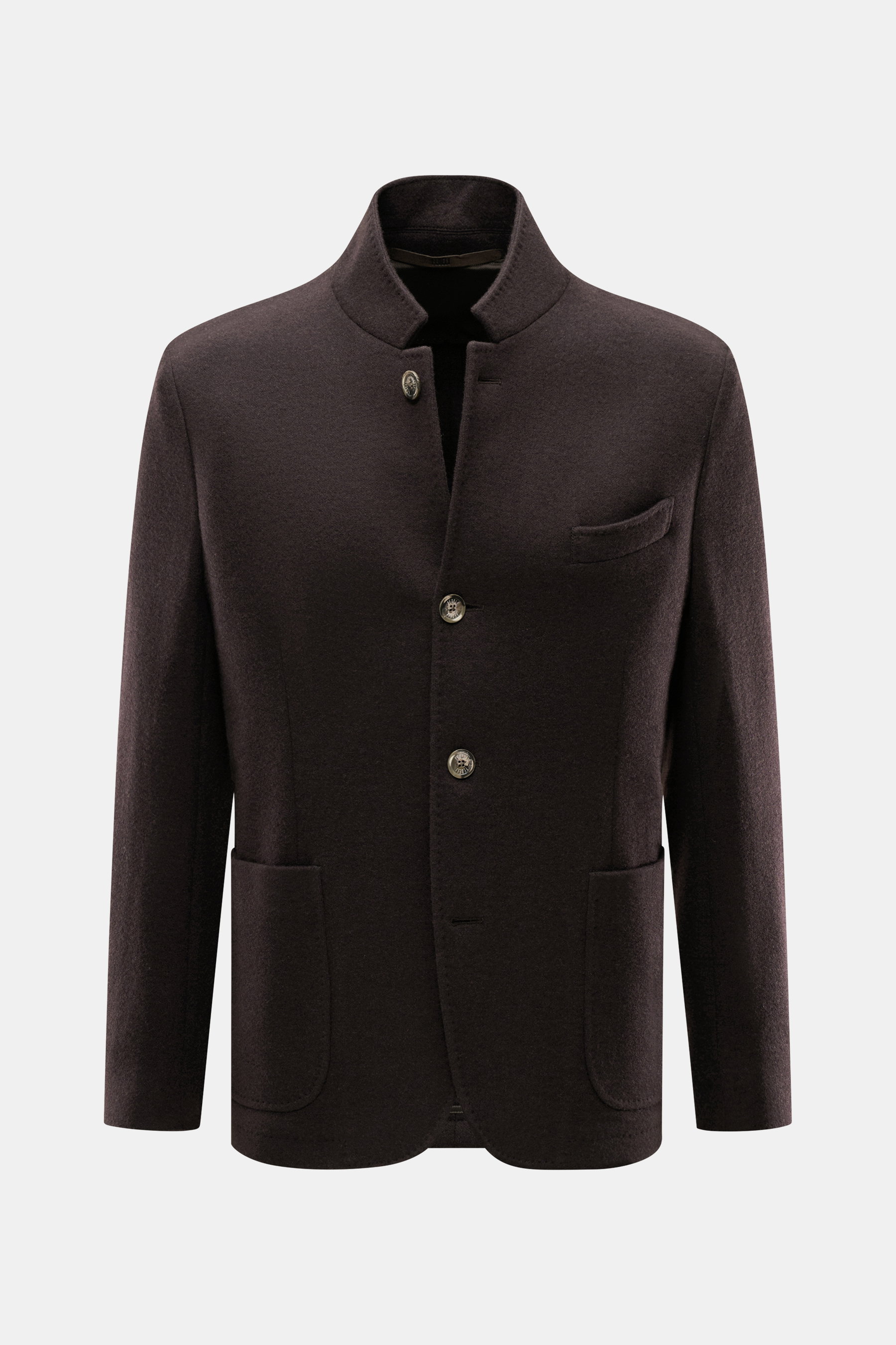 Front view of Fedeli Cashmere jacket dark brown, slim fit with pure cashmere, soft feel, standing collar, four-button placket, classic breast pocket, patch hip pockets, kissing buttons, side vents at back, half lined, two inside pockets.