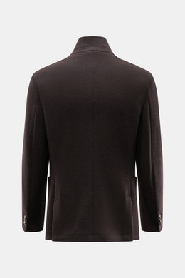 Fedeli Cashmere Jacke dunkelbraun von hinten, Slim Fit, reiner Cashmere, Stehkragen, Vier-Knopf-Leiste, Taschen, halb gefüttert, Kissing Buttons.