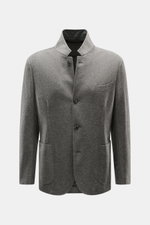 Fedeli Cashmere Jersey-Jacke 'Damon' grau meliert, Frontansicht mit variablem Revers, Brust- und Hüfttaschen, Slim Fit, vier Knöpfe.