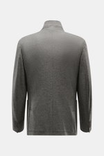 Rückansicht der Fedeli Cashmere Jersey-Jacke 'Damon' grau meliert in Slim Fit aus weichem Cashmere mit variablem Revers, Kissing Buttons und Seitenschlitzen.