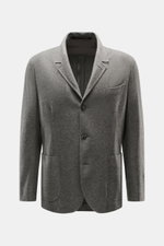 Fedeli Cashmere Jersey-Jacke 'Damon' grau meliert, frontale Nahaufnahme mit variabel tragbarem Revers, Slim Fit, vier Knöpfen, Brust- und Hüfttaschen, Kissing Buttons.