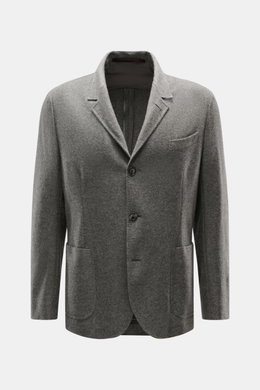 Fedeli Cashmere Jersey-Jacke 'Damon' grau meliert, frontale Nahaufnahme mit variabel tragbarem Revers, Slim Fit, vier Knöpfen, Brust- und Hüfttaschen, Kissing Buttons.