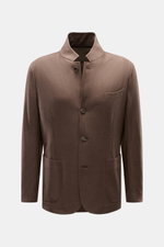 Fedeli Cashmere Jersey Jacket 'Damon' brown shown from the front, slim fit with variably wearable collar, four-button style, classic breast pocket, patch hip pockets, unconstructed design, and rear side vents, made from pure cashmere jersey with very soft