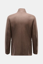 Back view of Fedeli Cashmere Jersey Jacket 'Damon' brown, showcasing its unconstructed design, variably wearable collar, and soft pure cashmere jersey fabric.
