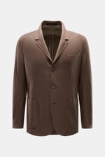 Front view of the Fedeli Cashmere Jersey Jacket 'Damon' brown, slim fit with four-button style, soft pure cashmere jersey, classic breast pocket, patch hip pockets, and variably wearable collar.