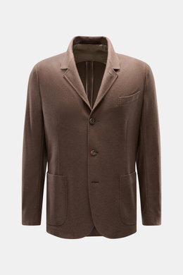 Front view of the Fedeli Cashmere Jersey Jacket 'Damon' brown, slim fit with four-button style, soft pure cashmere jersey, classic breast pocket, patch hip pockets, and variably wearable collar.