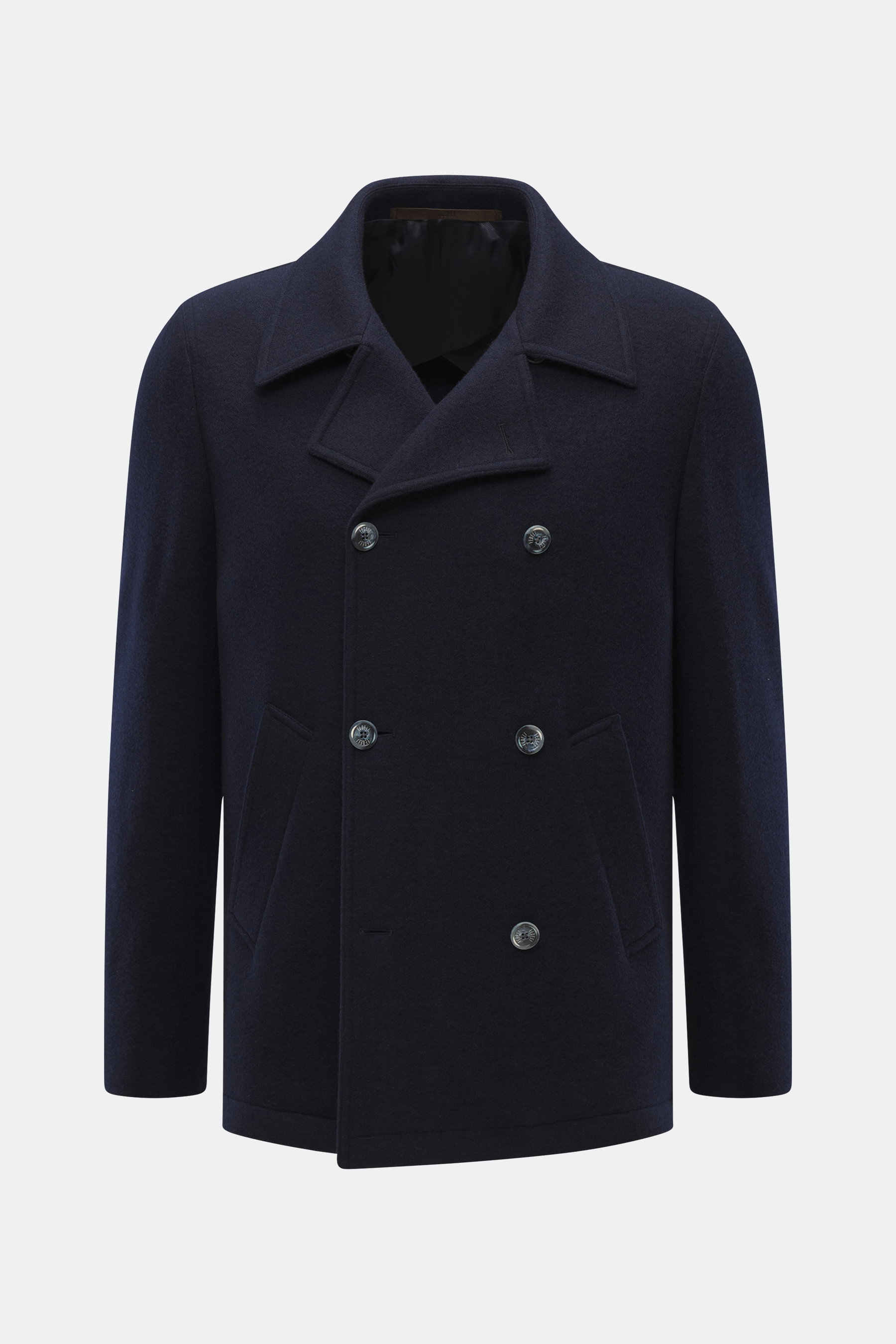 Fedeli Cashmere Cabanjacke navy, Frontalansicht, Slim Fit, Doubleface-Jersey aus reinem Cashmere, sehr weich, variabler Kragen, zweireihig, schräge Leistentaschen, Unconstructed Design, zwei Innentaschen.