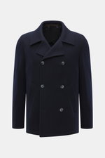 Fedeli Cashmere Cabanjacke navy, Frontalansicht, Slim Fit, Doubleface-Jersey aus reinem Cashmere, sehr weich, variabler Kragen, zweireihig, schräge Leistentaschen, Unconstructed Design, zwei Innentaschen.