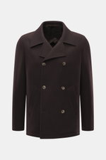 Fedeli Cashmere Cabanjacke dunkelbraun, frontal fotografiert, Slim Fit, Doubleface-Jersey aus reinem Cashmere, sehr weich, variabler Kragen, zweireihiger Drei-Knopf-Stil, schräge Leistentaschen, Unconstructed Design, zwei Innentaschen.