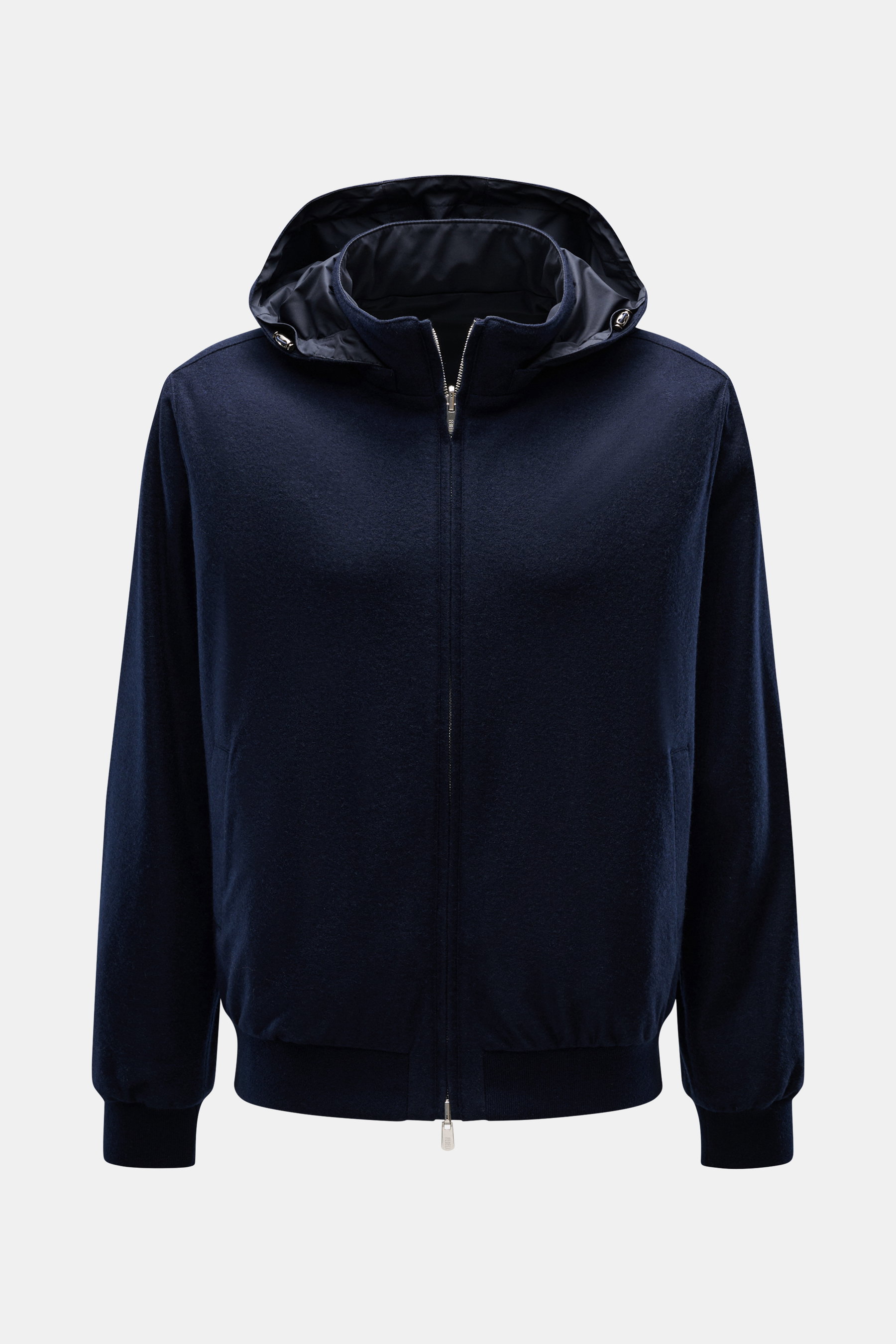 Front view of Fedeli Cashmere reversible blouson 'Stop' navy, featuring pure cashmere flannel, technical microfiber inner, slim fit, hood, angled welt and hidden zipper pockets, two-way zipper, and ribbed cuffs, blending elegance and function.