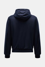Rückansicht des Fedeli Cashmere Wendeblouson 'Stop' navy mit Kapuze, elastischem Bund und Rippbündchen aus weichem Cashmere-Flannel.