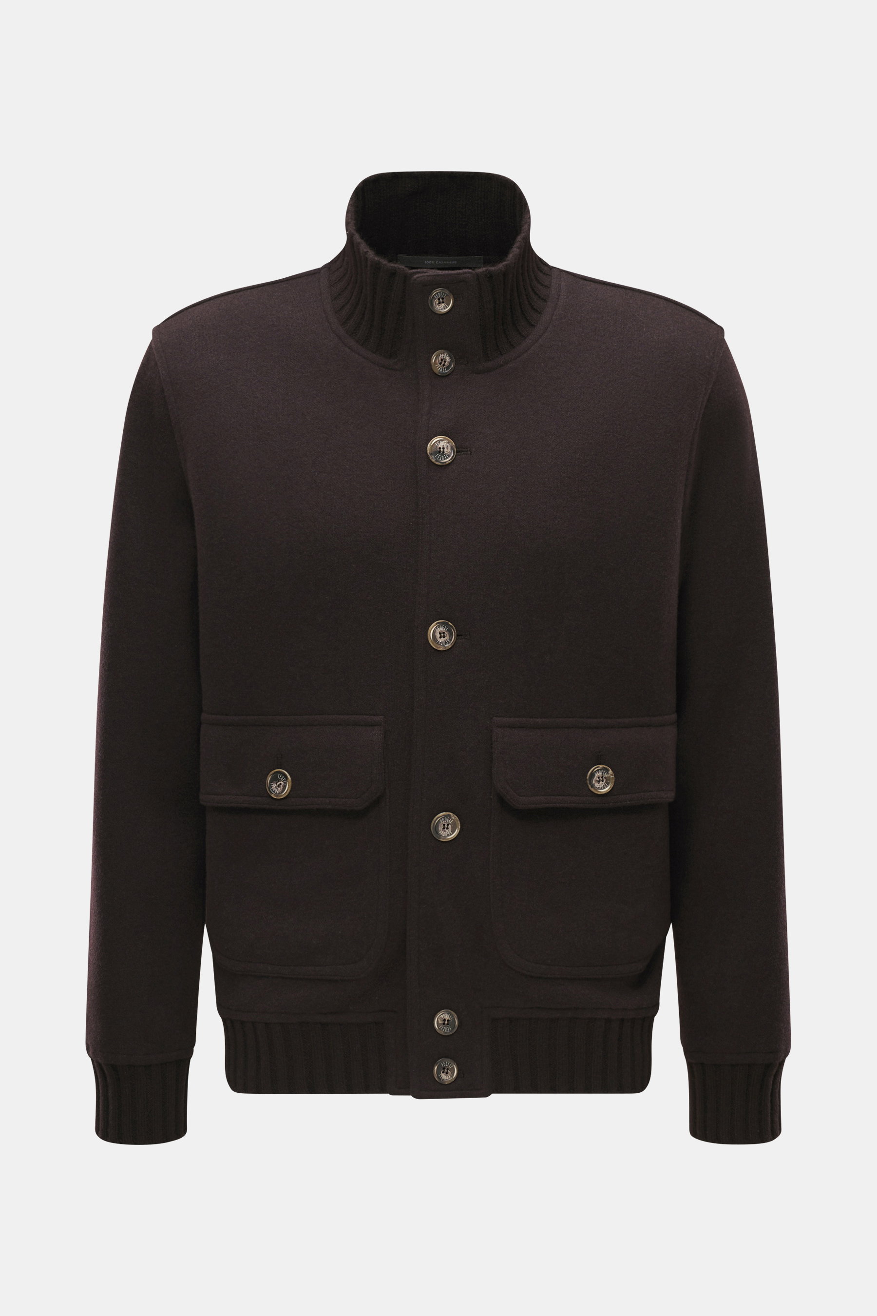 Fedeli Cashmere-Blouson 'Surreale' dunkelbraun, Vorderansicht, Slim Fit, reiner Cashmere, Strickkragen, glatte Knopfleiste, Taschen mit Patte, elastische Bündchen.
