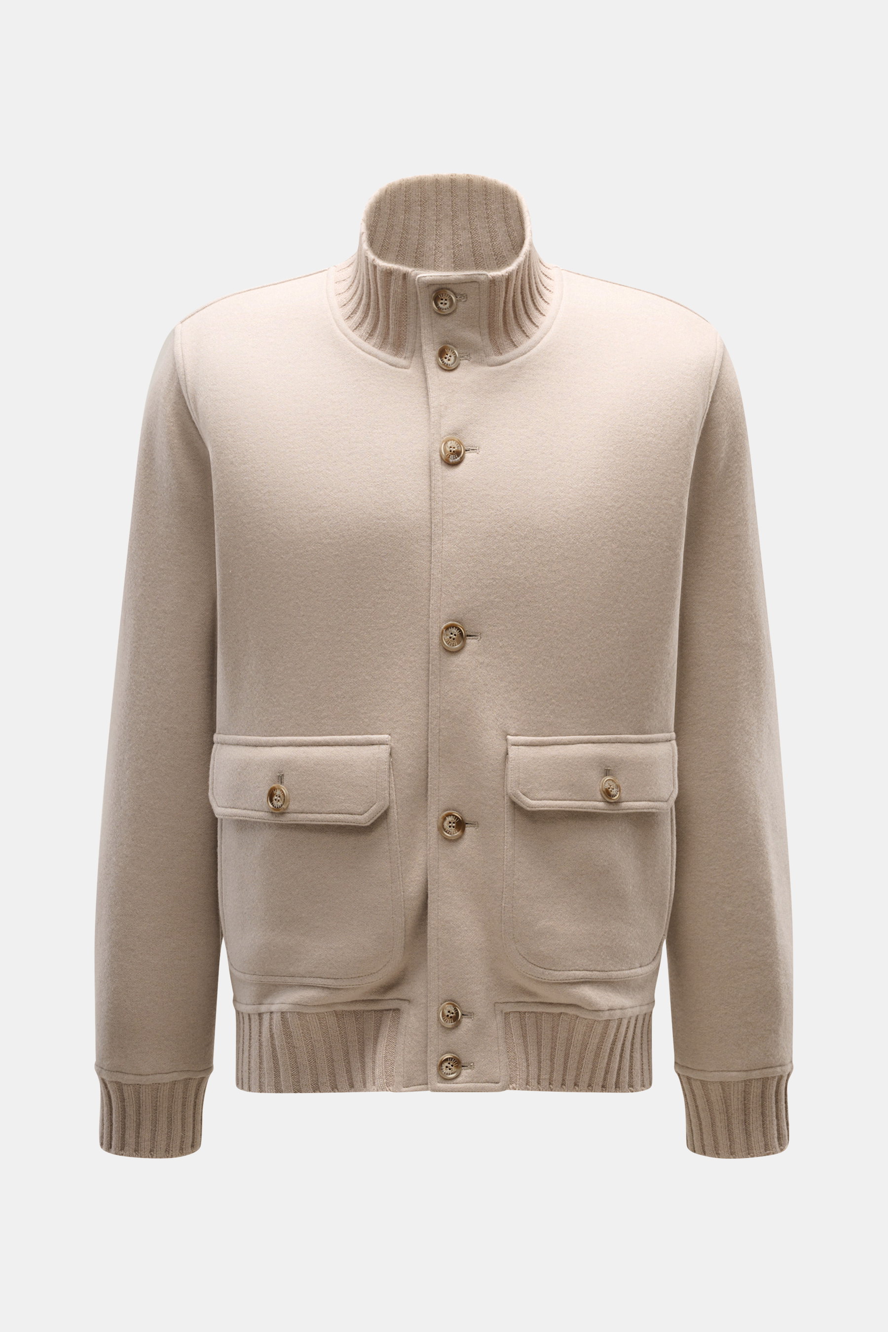 Front view of Fedeli Cashmere blouson 'Surreale' beige with pure cashmere, slim fit, high-neck ribbed collar, button placket, patch pockets, elastic hem and cuffs. Luxury down to the smallest detail: The 'Surreale' blouson by FEDELI impresses with refined