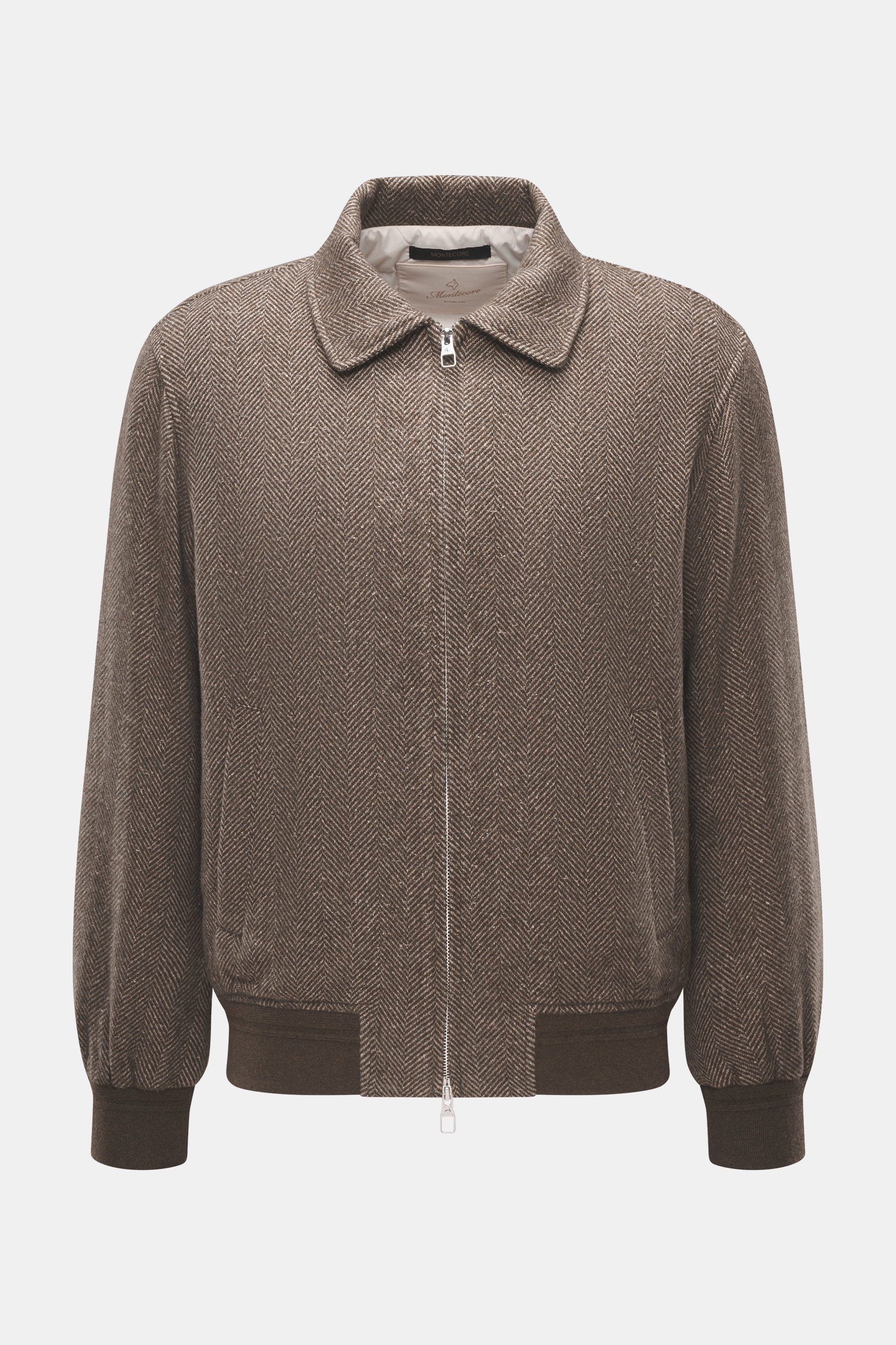 Montecore Daunenblouson dunkelbraun/beige gemustert, frontal fotografiert, Regular Fit, Mix aus Cashmere und Seide, softer Griff, Zwei-Wege-Reißverschluss, Umlegekragen, schräge Leistentaschen, leichte Daunenfüllung, elastische Bündchen, glatter Futtersto