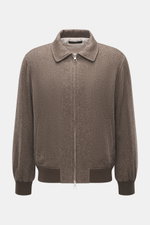 Montecore Daunenblouson dunkelbraun/beige gemustert, frontal fotografiert, Regular Fit, Mix aus Cashmere und Seide, softer Griff, Zwei-Wege-Reißverschluss, Umlegekragen, schräge Leistentaschen, leichte Daunenfüllung, elastische Bündchen, glatter Futtersto