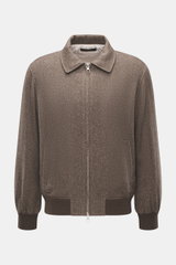 Montecore Daunenblouson dunkelbraun/beige gemustert, frontal fotografiert, Regular Fit, Mix aus Cashmere und Seide, softer Griff, Zwei-Wege-Reißverschluss, Umlegekragen, schräge Leistentaschen, leichte Daunenfüllung, elastische Bündchen, glatter Futtersto