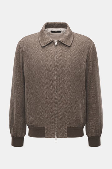 Montecore Daunenblouson dunkelbraun/beige gemustert, frontal fotografiert, Regular Fit, Mix aus Cashmere und Seide, softer Griff, Zwei-Wege-Reißverschluss, Umlegekragen, schräge Leistentaschen, leichte Daunenfüllung, elastische Bündchen, glatter Futtersto