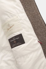 Montecore Daunenblouson dunkelbraun/beige gemustert innen gezeigt, Mix aus Cashmere und Seide, soft, Regular Fit, zwei Innentaschen.