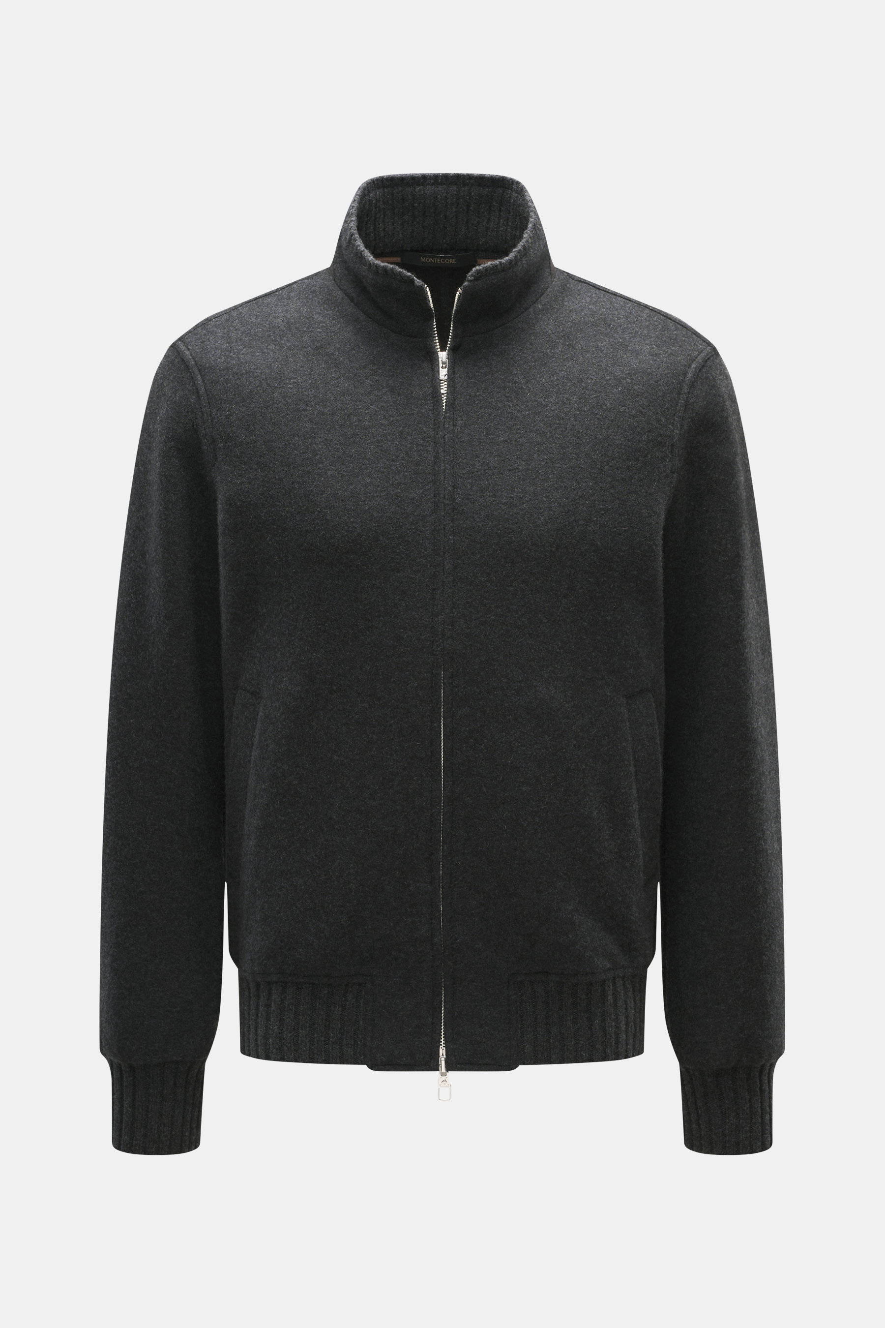 Montecore Cashmere Strickblouson dunkelgrau meliert, vorne frontal mit Stehkragen, zwei-Wege-Reißverschluss, Rippbündchen, slim fit, sehr weich, elastisch.